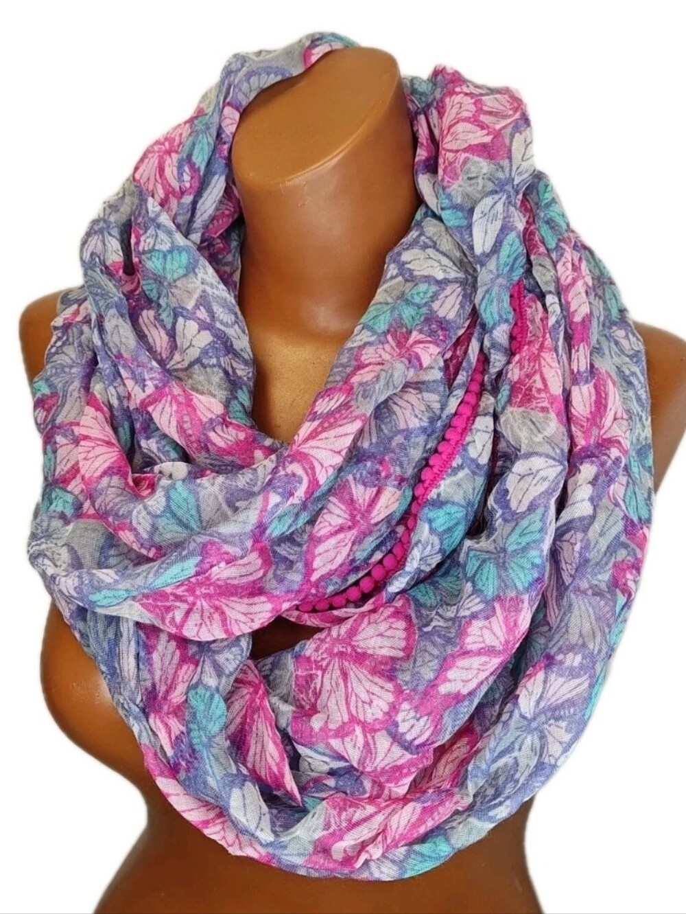 Infinite Oblong Scarf Butterfly Pompom Edge Sheer Pink Purple Teal 32/20" Nwot